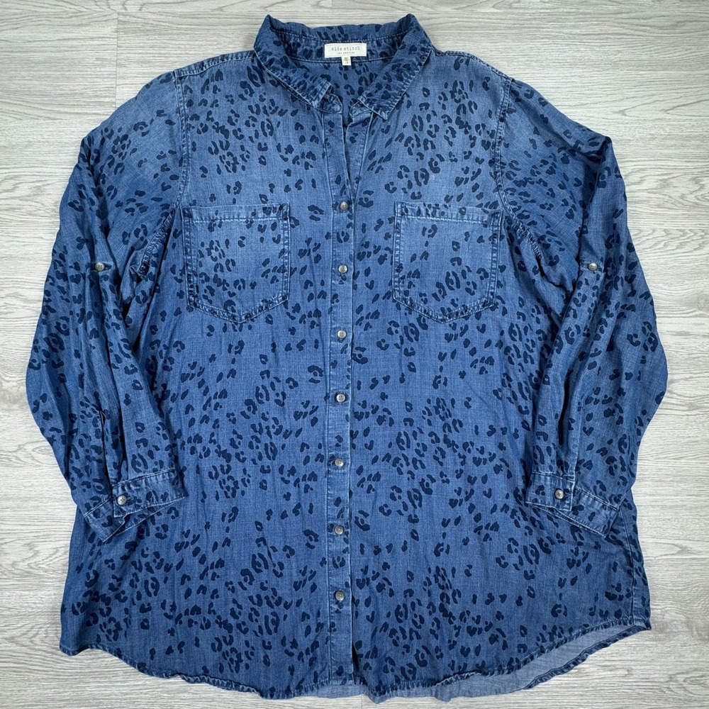Side Stitch Women's Button Down Shirt Leopard Print Blue 1X Tencel Lyocell